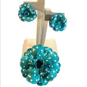 Vintage Joan Rivers  blue and white polka dot earrings & brooch metal flower